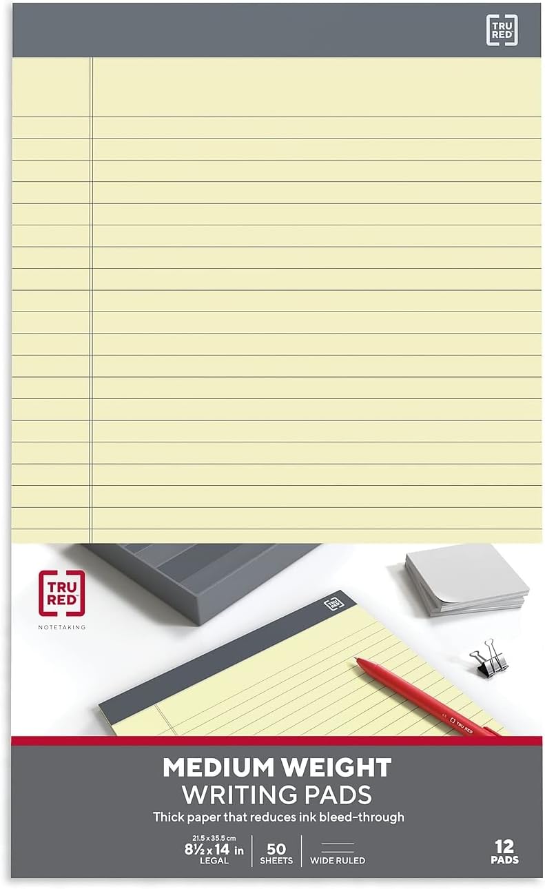 TRU RED Legal Pads, 8.5” x 14”, Wide Ruled, White, 50 Sheets/Pad, 12‑Pack