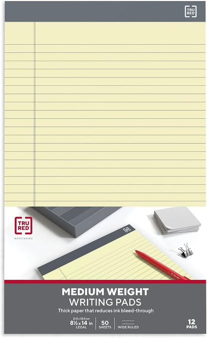 TRU RED Legal Pads, 8.5” x 14”, Wide Ruled, White, 50 Sheets/Pad, 12‑Pack