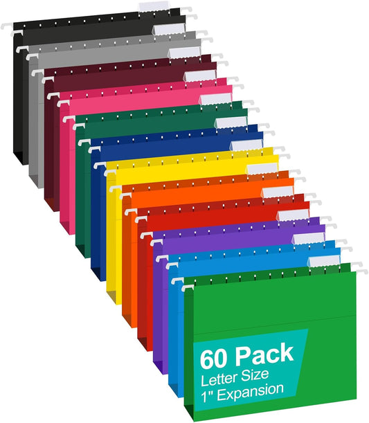 HERKKA Extra Capacity Hanging File Folders, 60 Pack Reinforced Letter Size Hanging Folders with Heavy Duty 1 Inch Expansion, Designed for Bulky Files, Medical Charts, 12 Assorted Colors