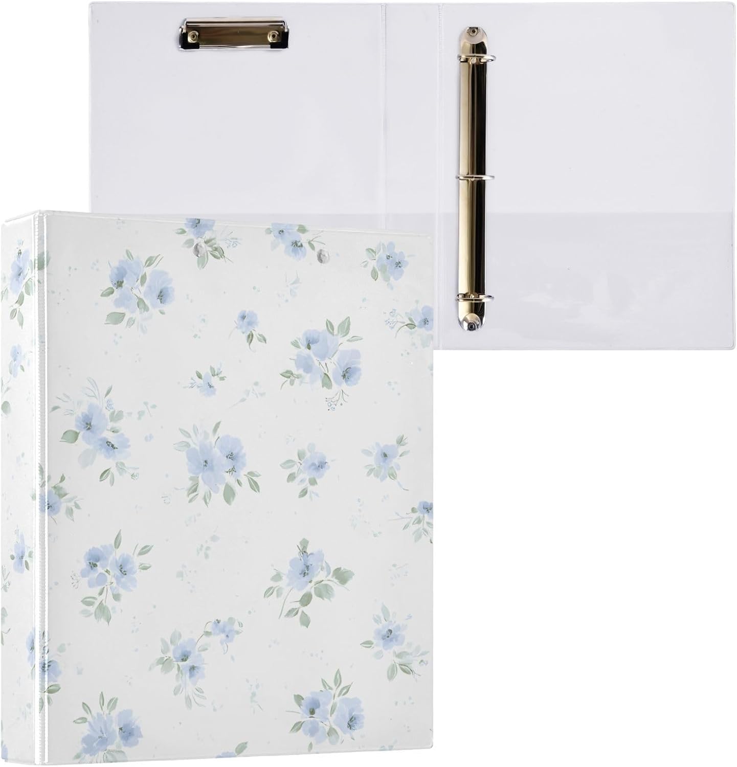 3 Ring Binders Blue Flowers Floral 1.5 Inch Round Ring Binders with Pockets Decorative Clipboard Binder Holds 200 Sheets View Binder for Home School Office,1 Pack