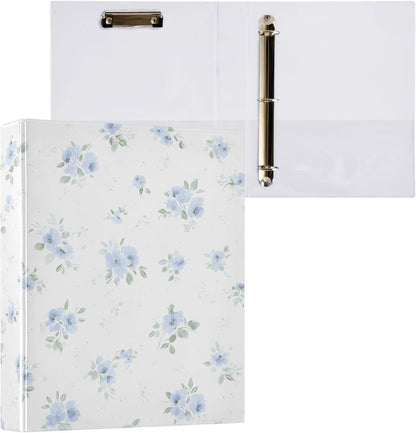 3 Ring Binders Blue Flowers Floral 1.5 Inch Round Ring Binders with Pockets Decorative Clipboard Binder Holds 200 Sheets View Binder for Home School Office,1 Pack