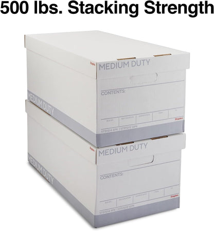 STAPLES Storage & Filing Box, Medium-Duty with Handles & Removeable Lid, Letter Size Documents, Stackable, 12-Pack, White/Gray