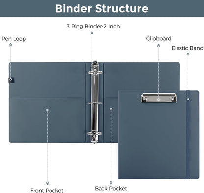 SKYDUE 3 Ring Binder with Clipboard,1 Inch Binder, 13.2" × 10.2" PU Clipboard Binder with Notepad & 5 Dividers with 5 Pockets, Labels, Clipboard Folder Great for School Office(Fit Letter Sized Paper)