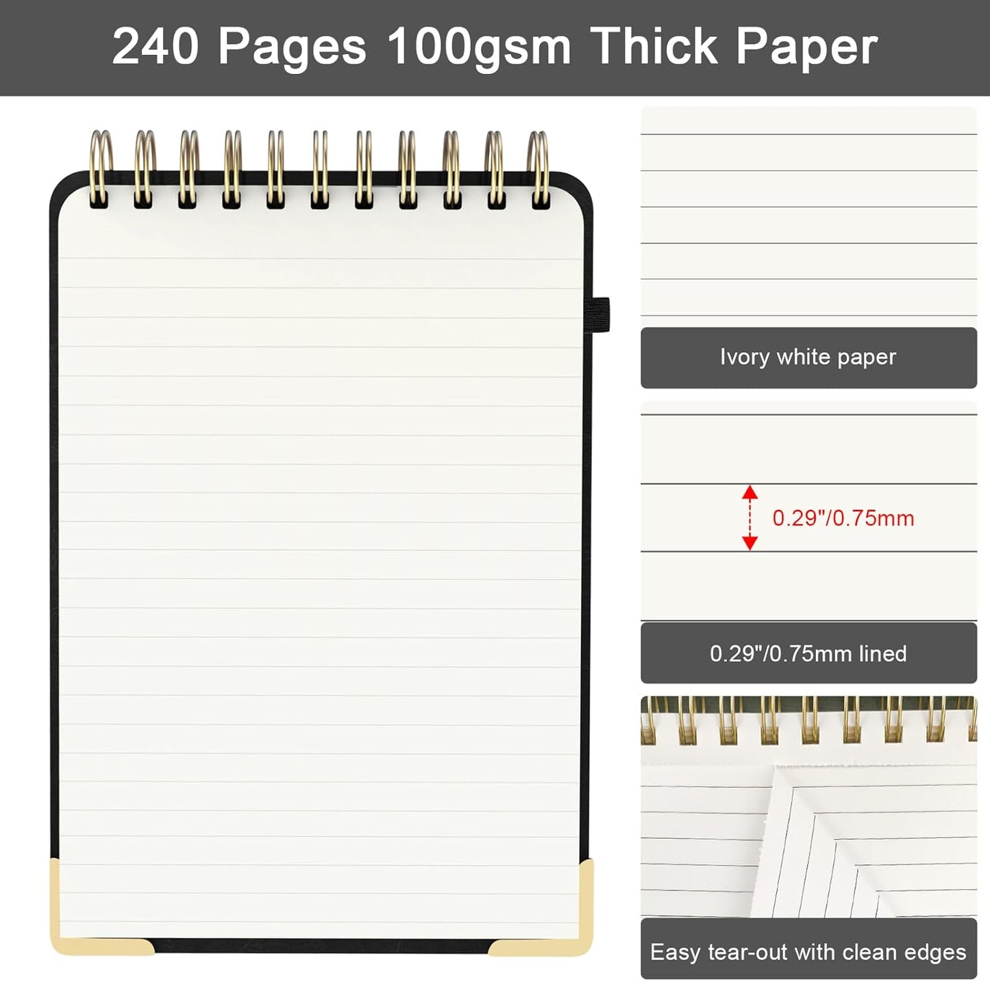 A5 Top Spiral Notebook, Large Leather Hardcover Top Bound Steno Pads, 240 Pages 100 gsm Thick Lined Paper Left Handed Notebook Journal for Work, School, Meeting Writing - Brown, 5.9" x 8.5"