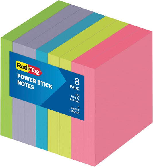 Redi-Tag Sticky Notes, Power Stick Notes, Adhesive Reminders, 3" x 3" Reusable Notes, Strong Adhesive Memos, Assorted Bright Colors, 12 Pack (1000976)