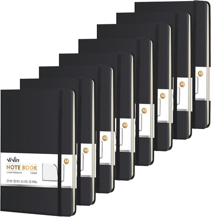 ViVin Lined Journal Notebooks for Work, 192 Pages, Medium 5.5 x 8.3 inch, College Ruled, A5 Hardcover Journaling Notebooks for Writing, 8 Pack Bulk,Black