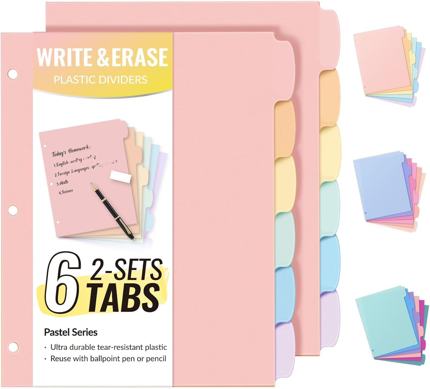 Sooez 6-Tab 3 Ring Binder dividers with tabs, Durable Plastic Write & Erase Tab Dividers for 3 Ring Binder, Aesthetic Cute Binder Dividers for Student, Teacher, Office, Home Organizers, 1 Sets