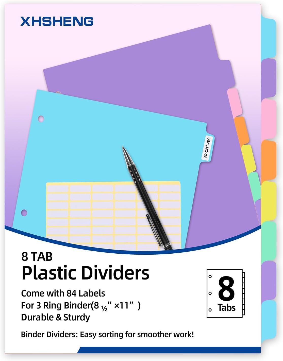 3 Ring Binder Dividers with TAB,48PCS/6 Set Plastic File Dividers,8 Tab 3 Hole Punch Dividers,Pastel Color,Letter Size,6 Sets