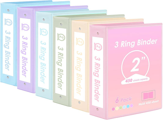 EOOUT 6 Pack 3 Ring Binders 2 inch, Three Round Ring 2'' Binders with 2 Pockets Interior, 6 Assorted Pastel Color, Fits 8.5'' x 11'' Letter Size Paper for School Office Supplies