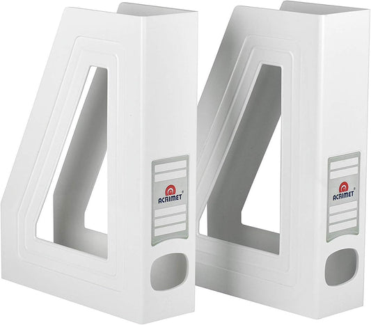 Acrimet Magazine File Holder Bin Storage, Vertical Rack for Documents, Folders and Mail, Durable Plastic Desk Organizer for Office & Home (White Color) (2 Pack)