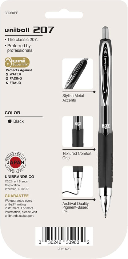uni-ball 207 Retractable Gel Pens Medium Point, 0.7mm, Black, 12 Pack