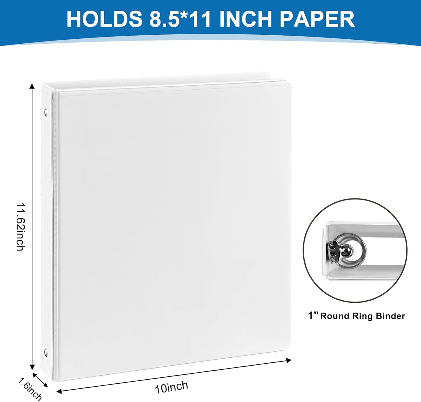 1/2 Inch 3-Ring Binder, 0.5-inch Round Ring Binder with 2 Inside Pockets, 12 Pack White Binders, Clear View CoverBinder Holds 8.5'' x 11''Paper for Office/Home/Back to School