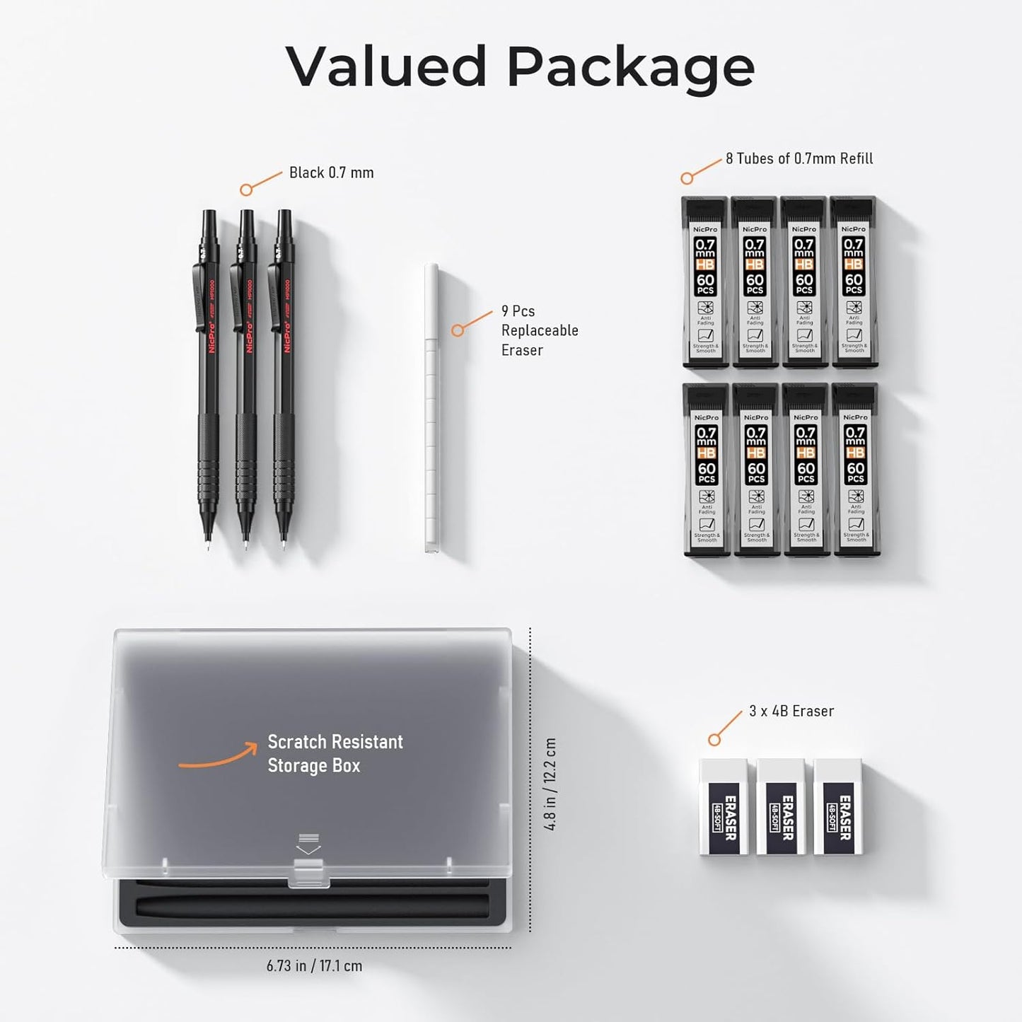 Nicpro 0.5 mm Mechanical Pencils Set with Case, 3 Metal Artist Pencil With 480PCS HB Lead Refills, 3 Erasers,9 Eraser Refills For Architect Art Writing Drafting, Drawing, Engineering, Sketching, Black