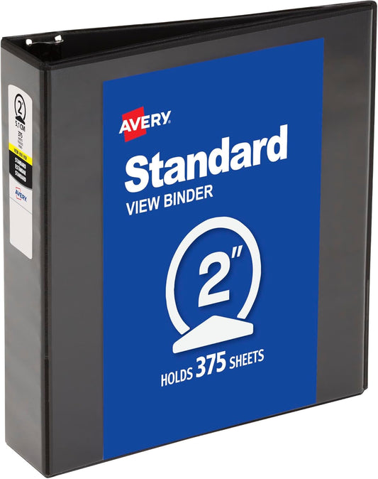 Avery Standard View 3 Ring Binder, 2" Round Rings, 375-Sheet Capacity, 2.8 Inch Wide Spine, 1 Black Binder, Ideal for Lightweight Organization and Occasional Referencing (05730)