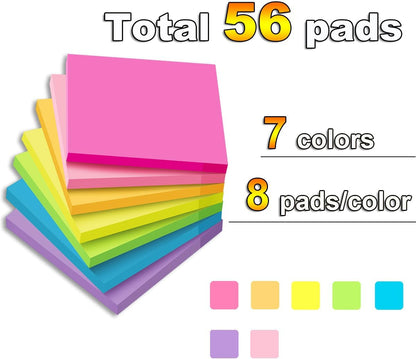 (56 Pads) Sticky Notes Bulk 3x3 in Post Bright Stickies Colorful Super Sticking Power Memo Pads, Strong Adhesive