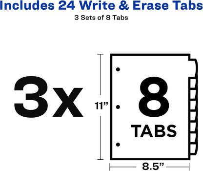 Avery® Durable Write-On Plastic Dividers with Erasable Tabs,11" x 8 1/2", Multicolor, 8 Tabs