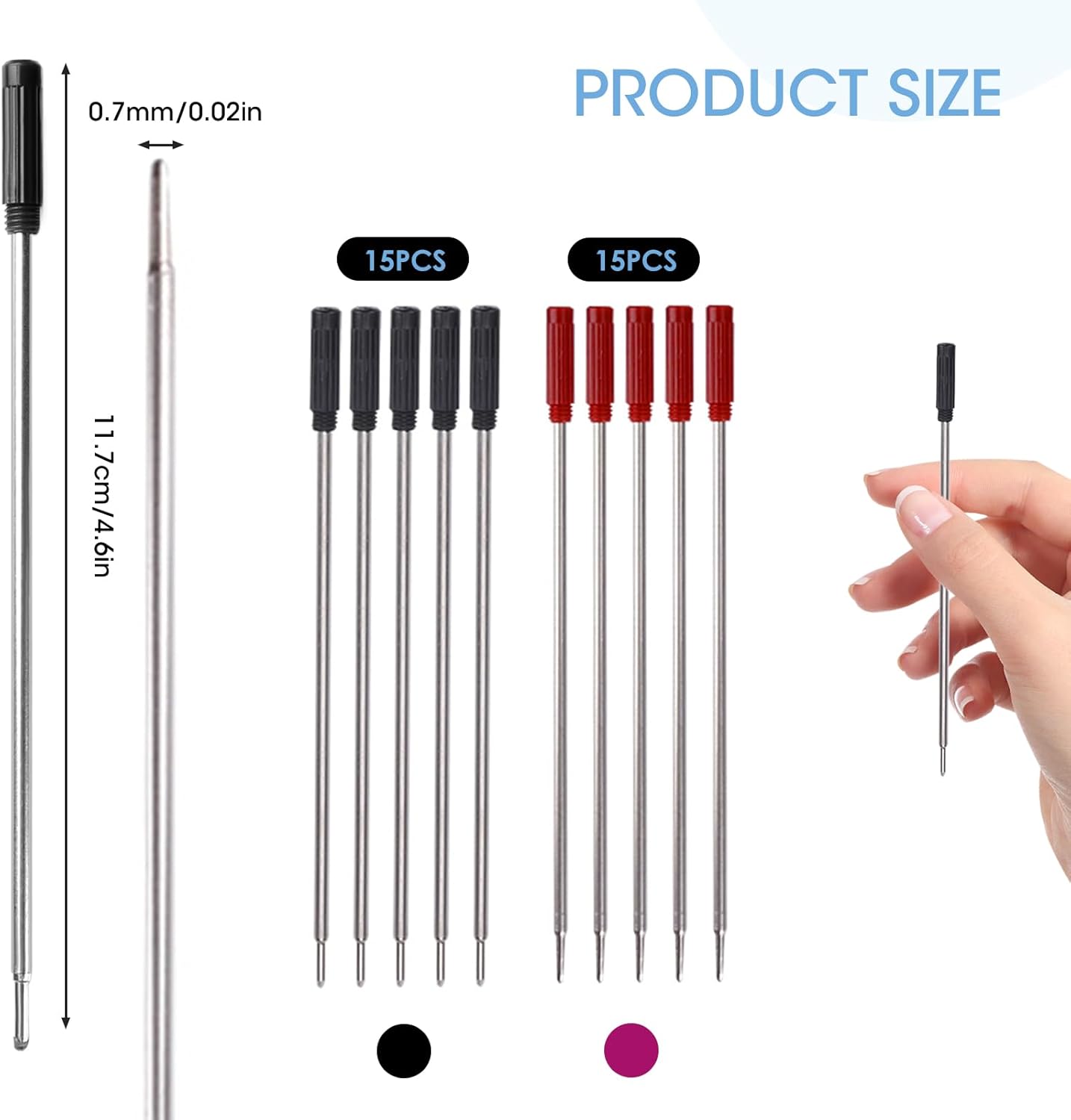 0.7 mm Ballpoint Ink Twist Pen Refills, 15 Pcs Medium Point Metal Smooth Writing Replaceable Ink Refill, Stationery Compatible for Cross Ballpoint Replacement (4.6in M) (Black+Red+Blue, 15)