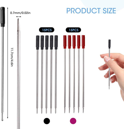 0.7 mm Ballpoint Ink Twist Pen Refills, 15 Pcs Medium Point Metal Smooth Writing Replaceable Ink Refill, Stationery Compatible for Cross Ballpoint Replacement (4.6in M) (Black+Red+Blue, 15)