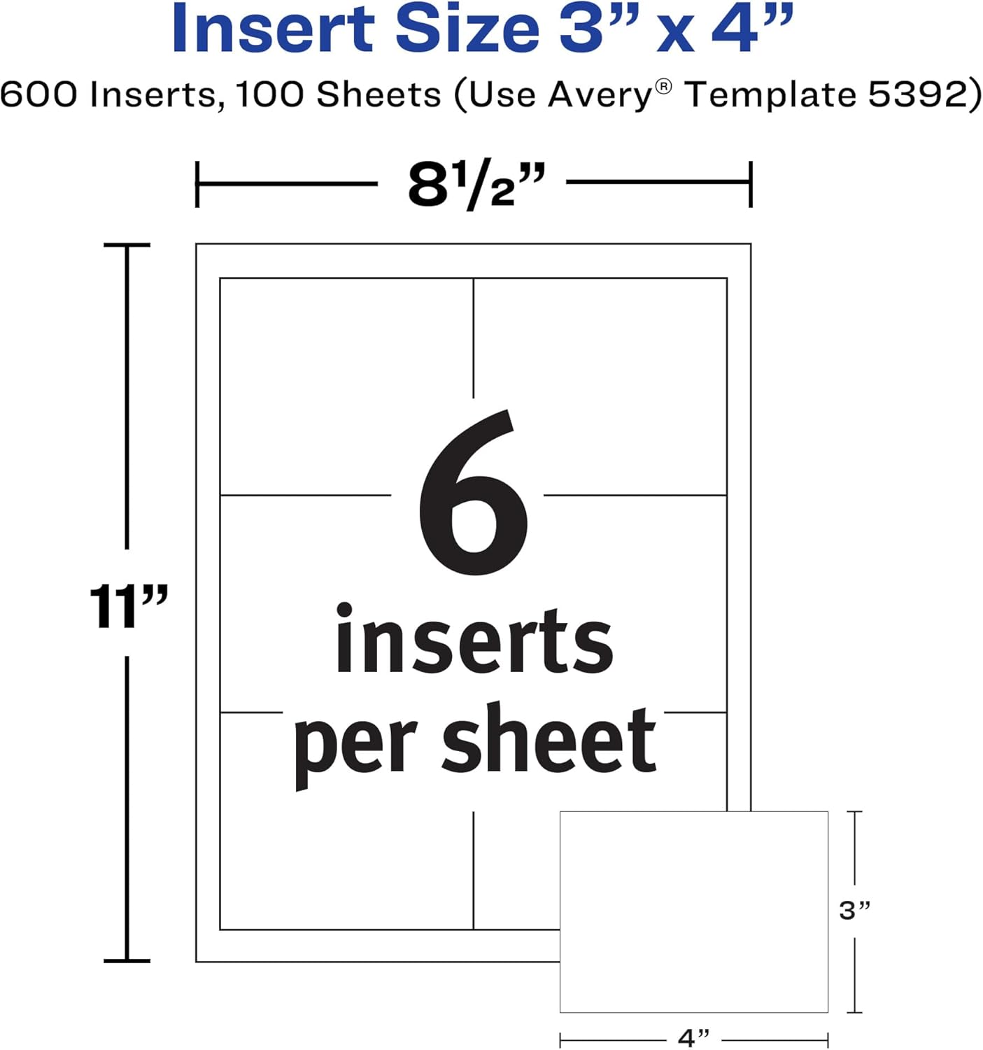 Avery Customizable Name Badge Inserts for Name Tag Holders, 3" x 4", White, Laser/Inkjet Printable, 300 Total (5392)