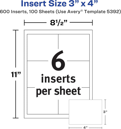 Avery Customizable Name Badge Inserts for Name Tag Holders, 3" x 4", White, Laser/Inkjet Printable, 300 Total (5392)