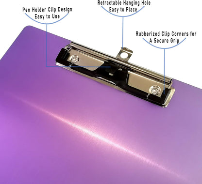 Aluminum Metal Clipboard Stainless Hangable Pen Holder Low-Profile Clip Board Size A4 9" x 12.6" with Sticky Note for School Office Business Medical Professionals Workshop Factory (Pink, Aluminum-A4)