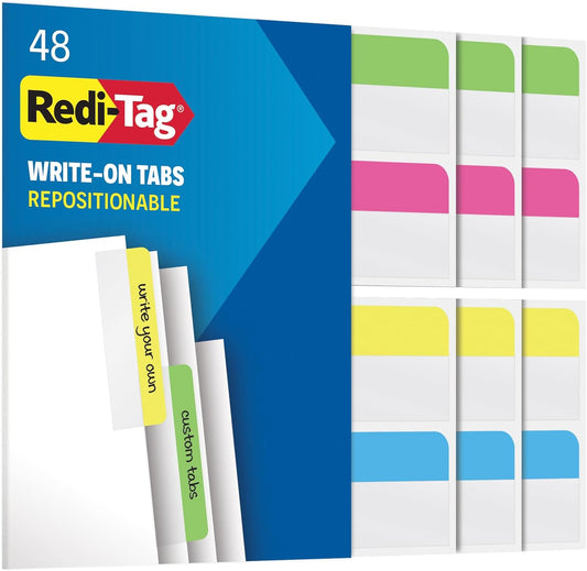 Redi-Tag Write On Tabs, Removable Index Tabs, Customizable Adhesive Labels, 4 Assorted Colors: Yellow, Green, Pink, Blue, 0.7" x 2", 48 Per Pack (B33248)