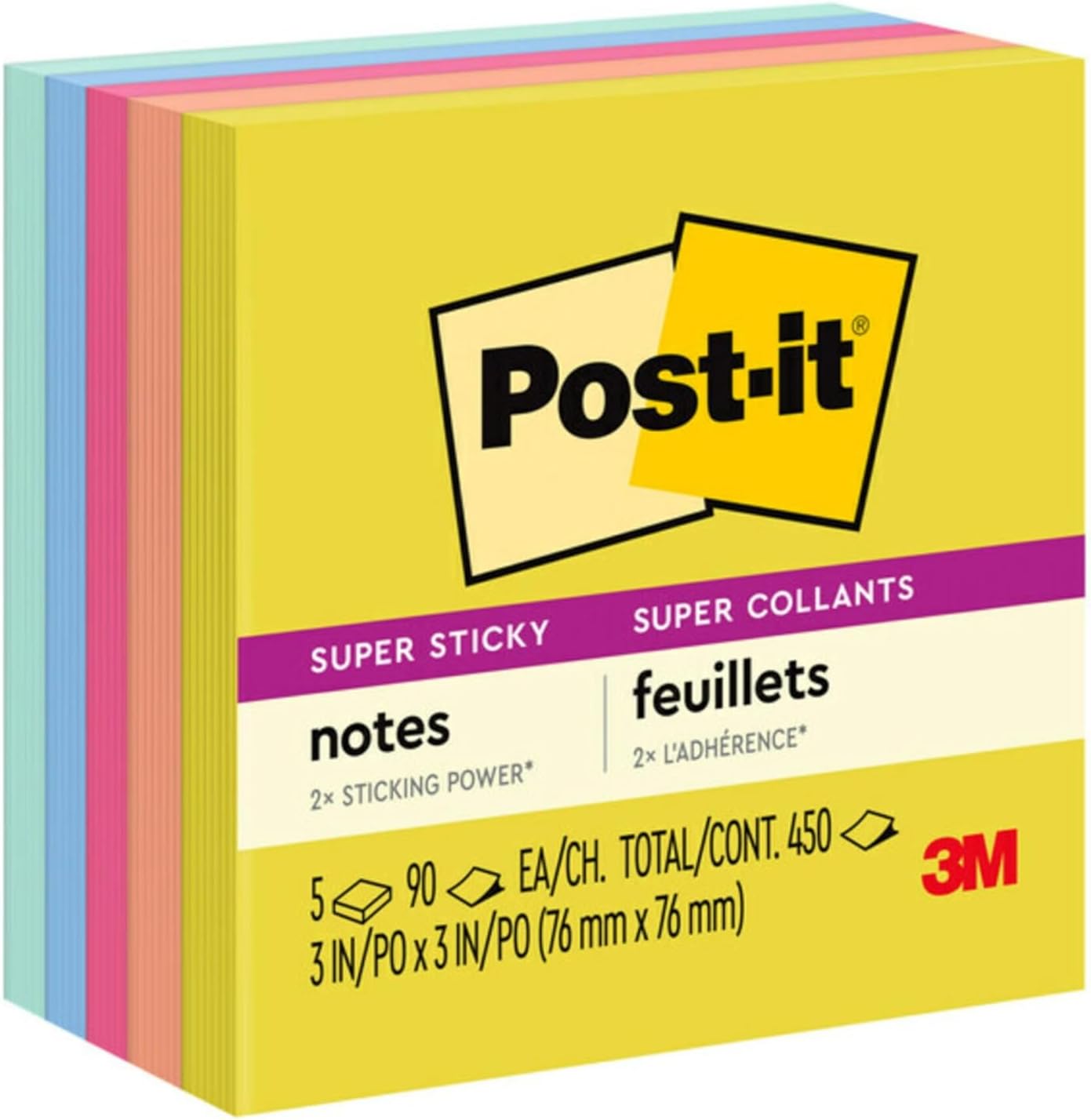 Post-it Super Sticky Notes, 5 Sticky Note Pads, 3 x 3 in., School Supplies, Office Products, 2X the Sticking Power, Summer Joy Collection