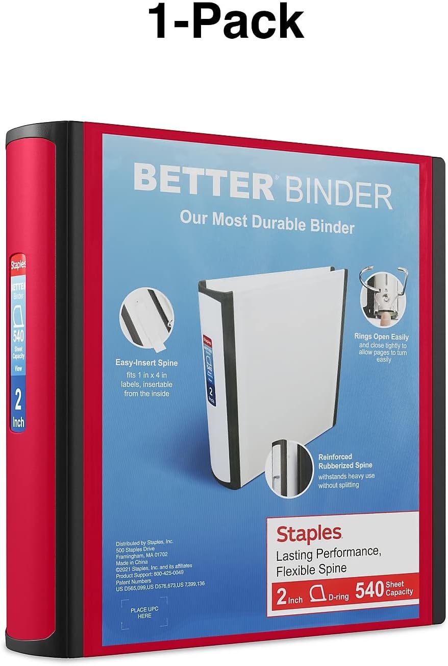 Staples Better Binder 2-Inch D-Ring View Binder, Reinforced Spine, Holds Up to 540 Sheets, Teal, for Office & School