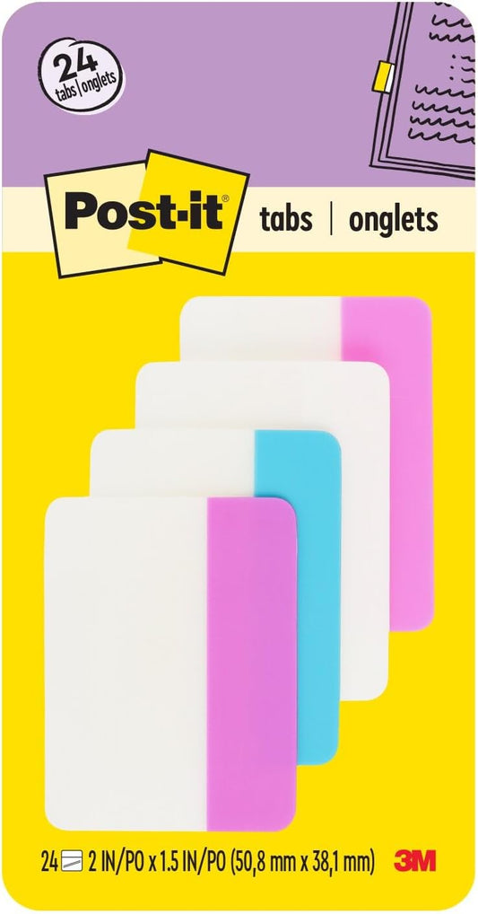 Post-it Sticky Tabs, 2 in. x 1.5 in., 4 Pads of Book Tabs in Assorted Colors for Bookmarking, Annotating, Reading, and Reminders, Pink, White, Blue, and Purple Colors (24 Total Count)