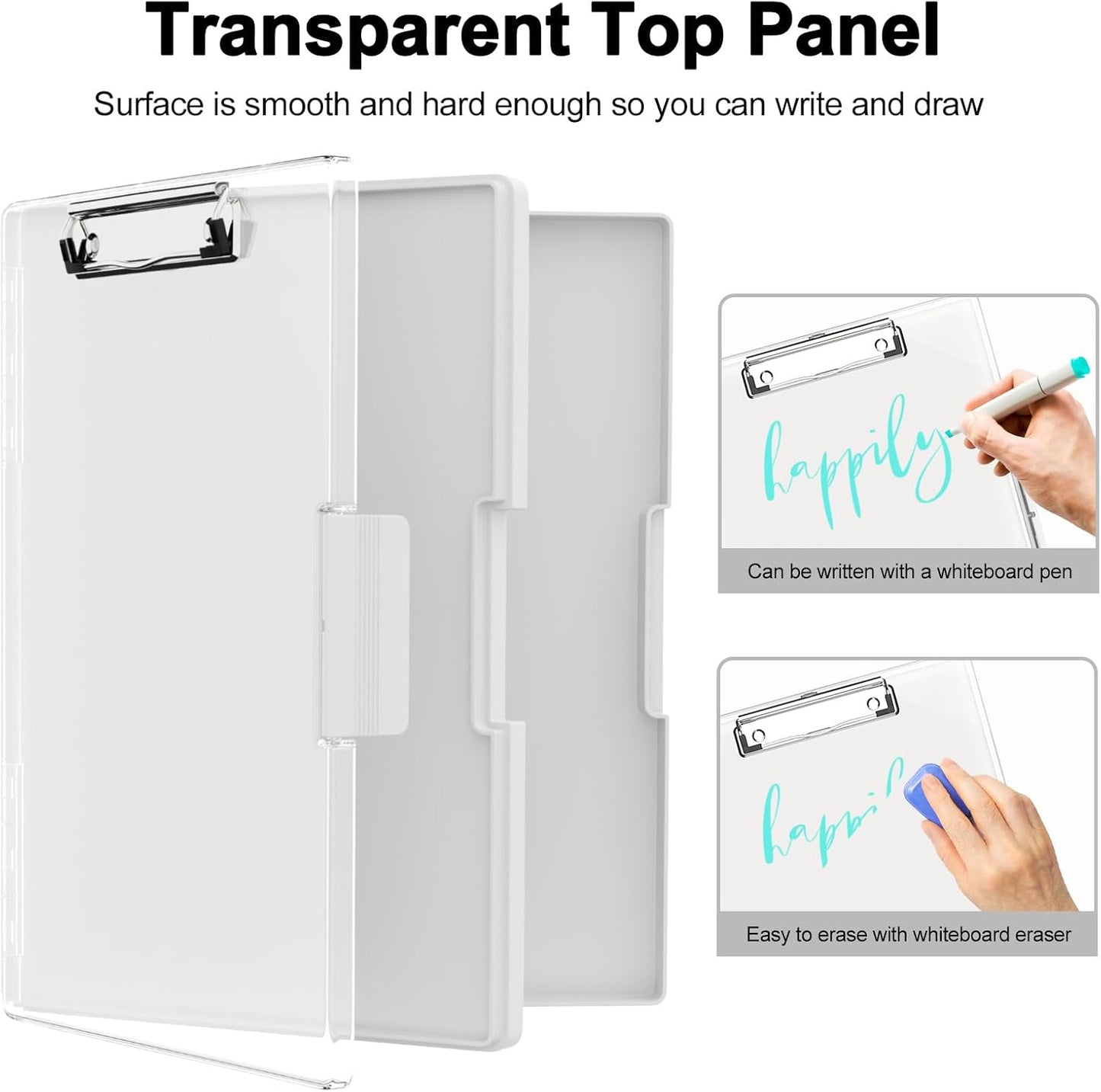 Piasoenc Clipboard with Storage, 8.5 x 11 Clip Boards with 2 Storage Case and A4 Paper Folder, Clear Dry Erase Top Panel, Heavy Duty Plastic, Folio & Side Opening, for Nurses, Teachers, Lawers,Black