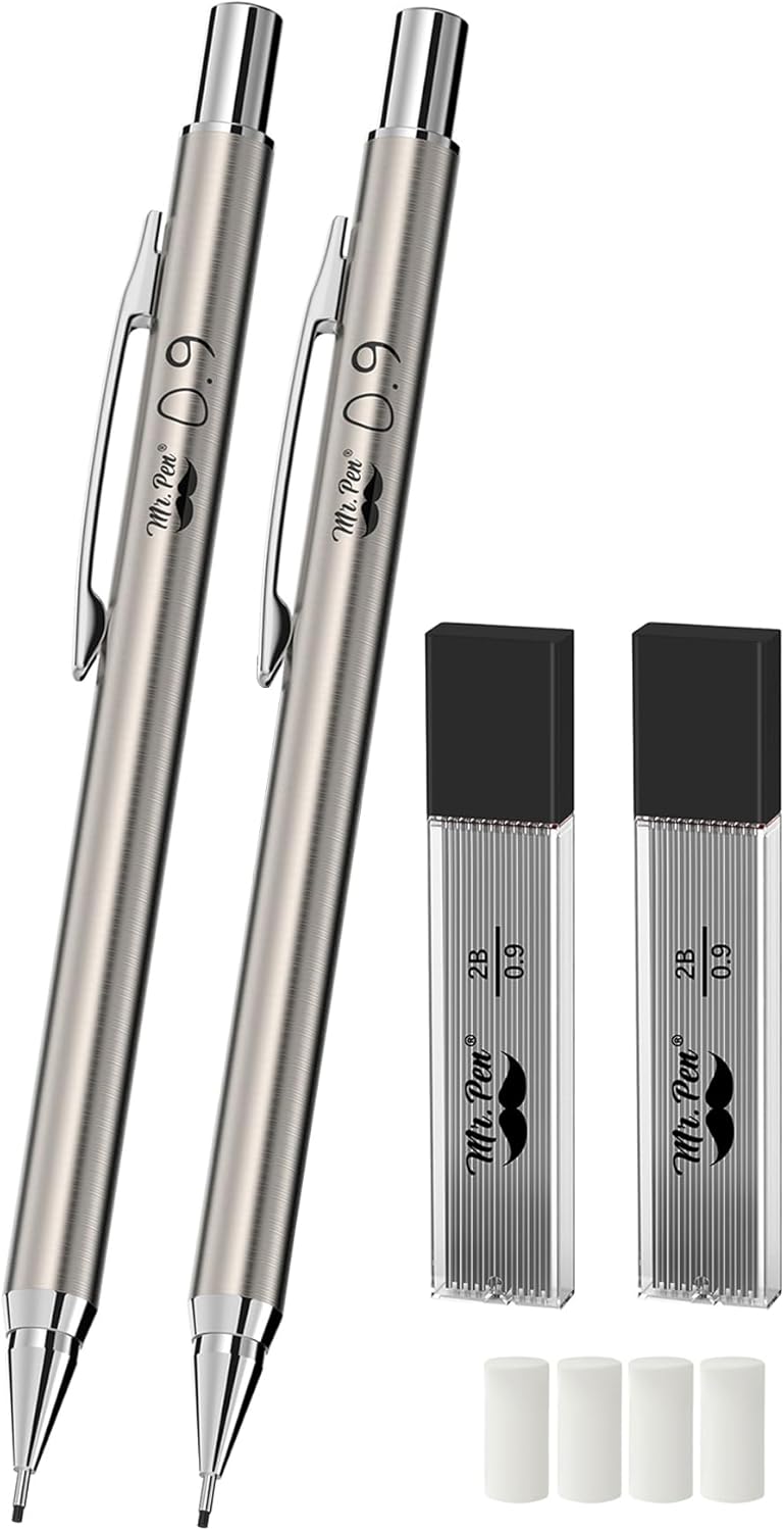 Mr. Pen- Metal Mechanical Pencil Set with Lead Refills & Erasers, 2mm, HB & Colored Lead Refills, 4x Eraser Refills for School Supplies, Note Taking, Drawing, Sketching, Office