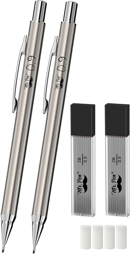 Mr. Pen- Metal Mechanical Pencil Set with Lead Refills & Erasers, 2mm, HB & Colored Lead Refills, 4x Eraser Refills for School Supplies, Note Taking, Drawing, Sketching, Office