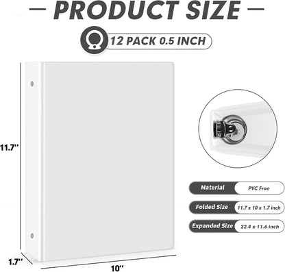 3 Ring Binder 0.5 Inch, PANDRI 12 Pack 0.5-Inch Binder Fits Letter Size 8.5'' x 11'' Paper, Versatile Binders for Office Home School, 2 Pockets, White