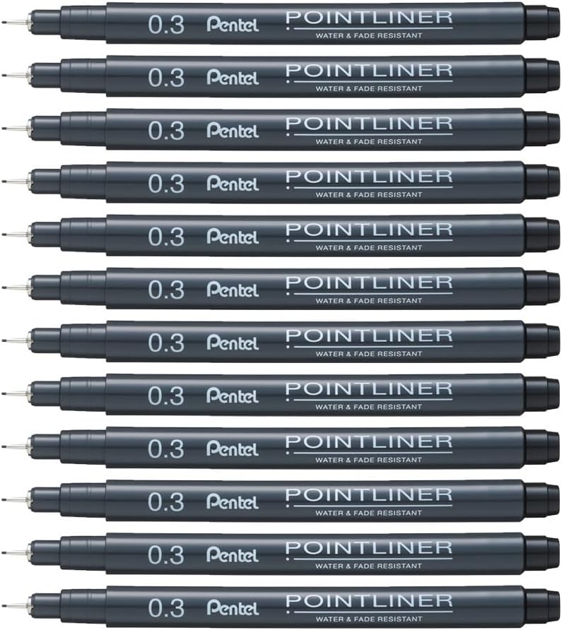 Pentel Arts Pointliner Drawing Pen, 0.3mm, Black Ink, Box of 12 Pens (S20P-3A)