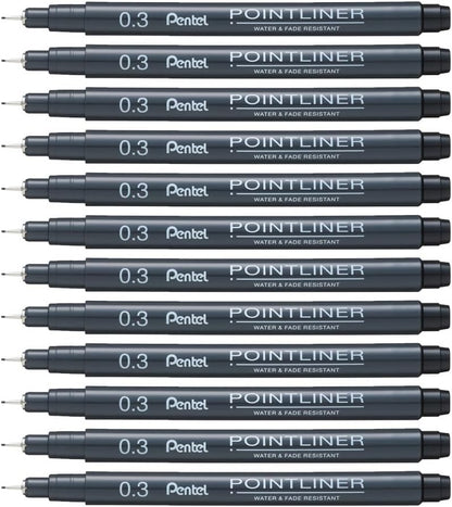 Pentel Arts Pointliner Drawing Pen, 0.3mm, Black Ink, Box of 12 Pens (S20P-3A)