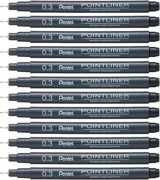 Pentel Arts Pointliner Drawing Pen, 0.3mm, Black Ink, Box of 12 Pens (S20P-3A)