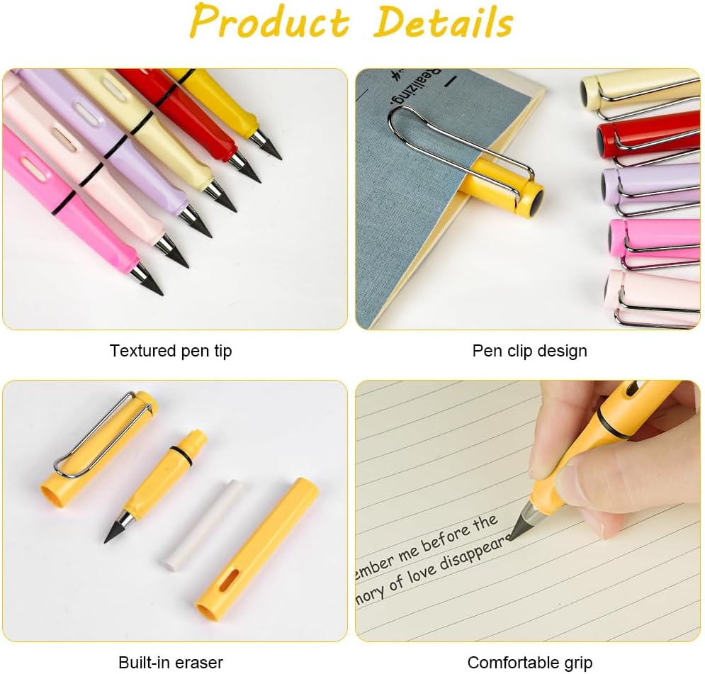 Ainiv Inkless Pencil with Eraser - 5 Sets Infinity Pencil, Reusable with Extra 5 Eraser & 5 Replaceable Nibs for Home, Office & School Writing, Drawing