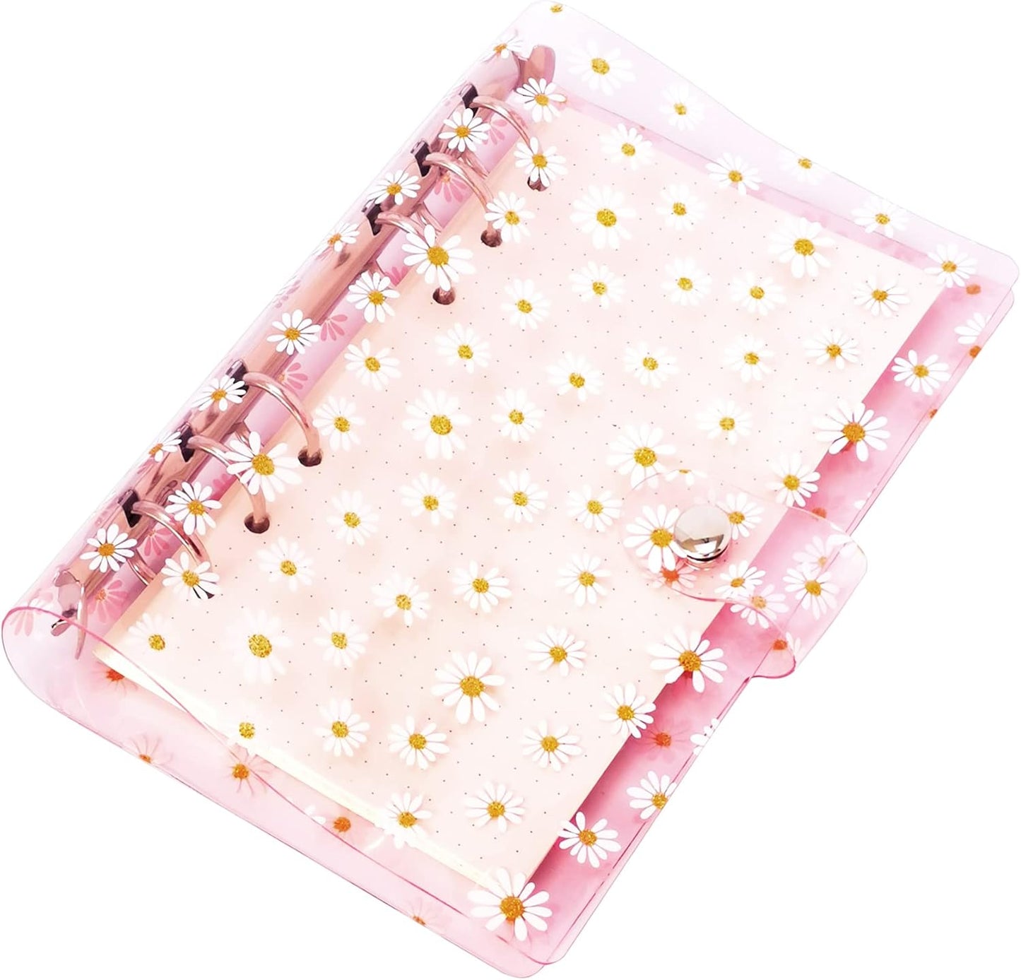 A6 A5 6-Holes Colorful PVC Cover Round Ring View Binder with Snap Button Closure File Folder for Loose Leaf Sheet Protectors Notebook Refill (Pink Daisy, A5 Mini Set) - Colors A