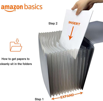 Amazon Basics Expanding Organizer File Folder for Documents, Letter Size, 13 Pockets, Waterproof, Black & Gray, 2-Pack