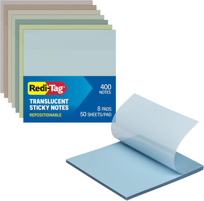 Redi-Tag Translucent Sticky Notes, Transparent Self-Stick Notes, 3" x 3", 4 Pads, 50 Notes Per Pad, 200 Sheets (1006596)