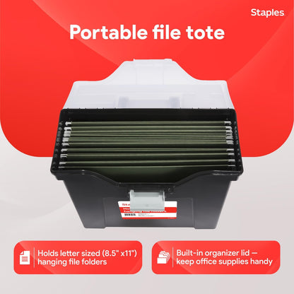 STAPLES File Folder Tote, Portable Filing Box for Letter SIze Hanging Folders, Security Latch & Built-In Lid Organizer, Black/Clear