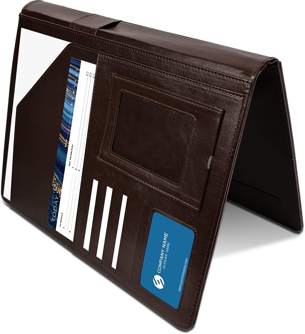 Clipboard Folio Folder Portfolio with Notepad-Pocket Business Card Holder Brown Faux PU Leather Portfolio
