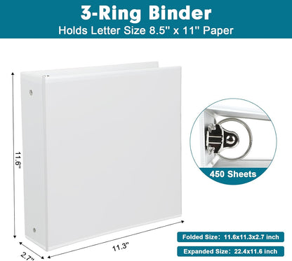 3 Ring Binder, LAYZZ 6 Pack 2 Inch Binders 3 Ring with 2 Pockets, Round Ring Binders, Clear Cover Binders for Letter Size 8.5"x11" Paper, PVC Free, Suitable for School Home and Office (White)