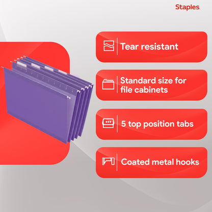 Staples Hanging File Folders, Letter Size, Blue, 5‑Tab, 1/5‑Cut Tabs, Includes Tabs & Inserts – 25/Pack