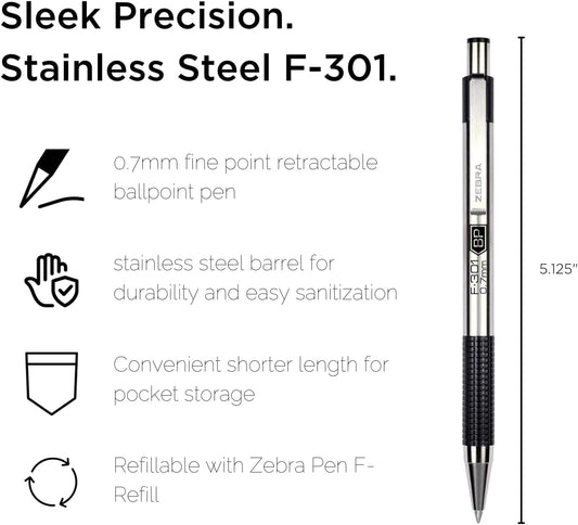 Zebra Pen F-301 Ballpoint Black, Blue, Red and Green Ink, Fine Point 0.7mm Pen, Easy-Glide Ink, Stainless Steel Retractable, Non-Slip Grip, Professional Design, Ideal for Office, 4-Pack (27174)