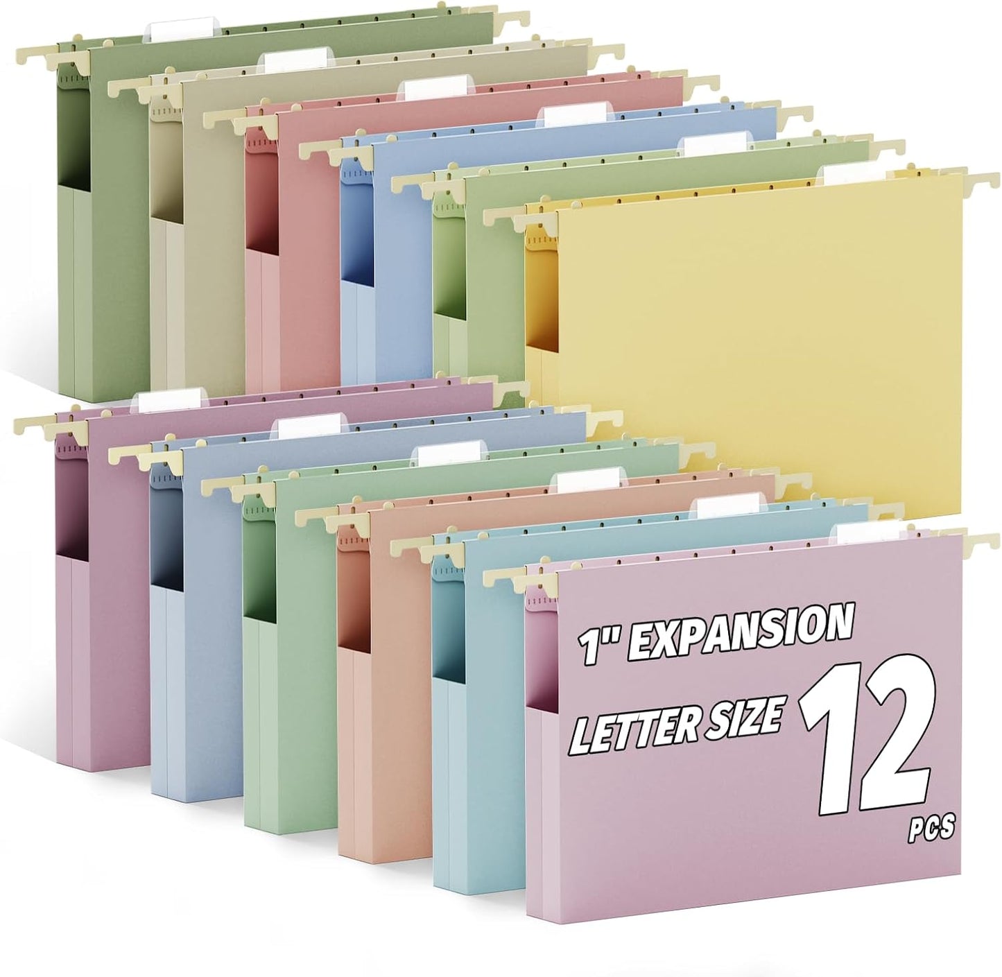 Ansook 12 Pack Hanging File Folders, Plastic Letter Size File Folders Hanging with Tabs, Heavy Duty 1 Inch Expansion, Pastel Hanging Organizers for Filing Cabinet, Home Office School Document Storage