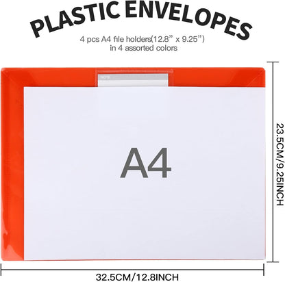 LEOBRO Plastic File Folders with Pocket, 24PCS Plastic Envelopes with Snap Closure, Folders for Documents, Reusable File Bags, A4 Size