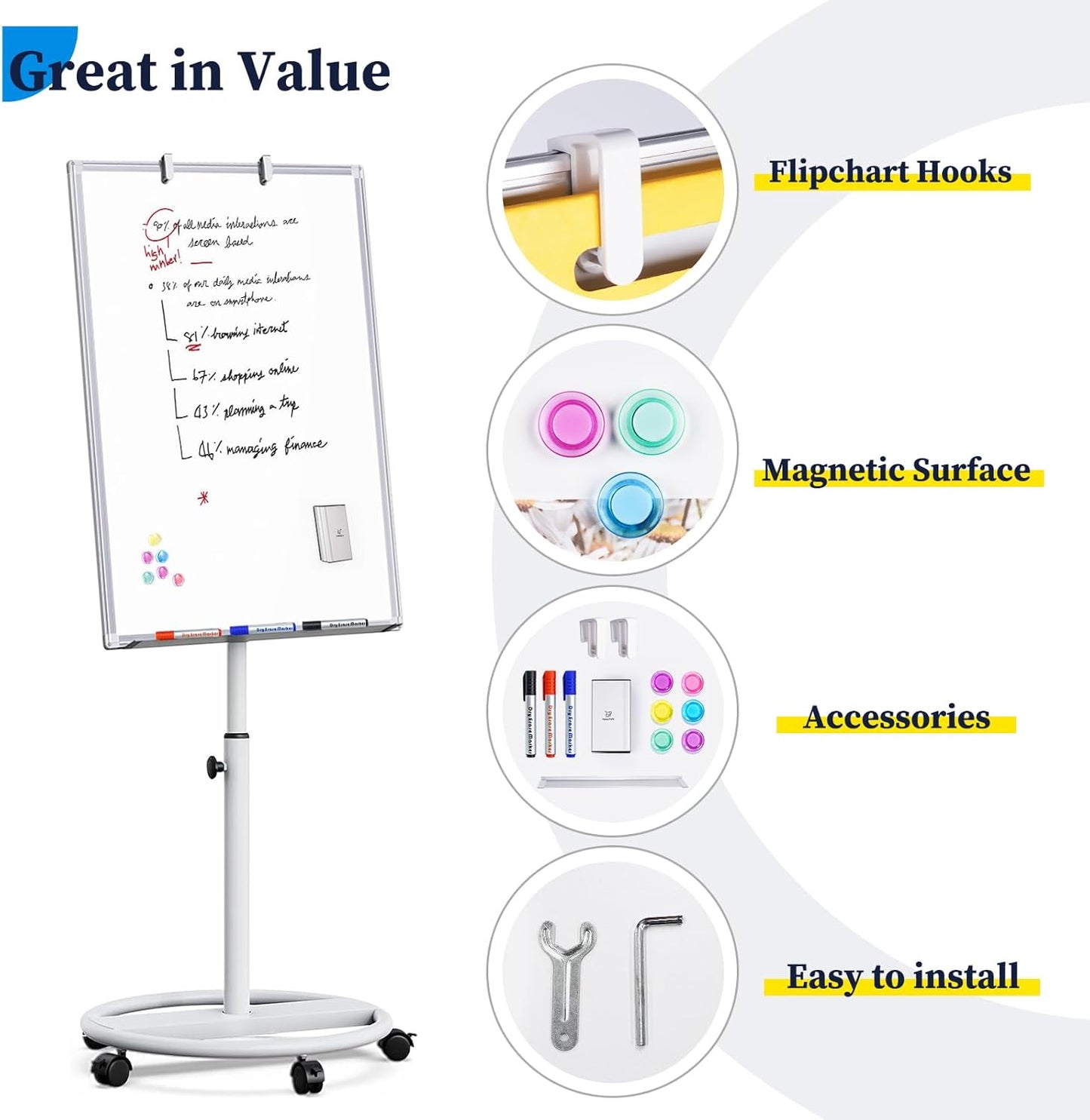 maxtek Mobile Dry Erase Board – 40x28 inches Magnetic Portable Whiteboard Stand Easel White Board Flipchart Easel Board with 25 Sheets Paper Pad for School Supplies