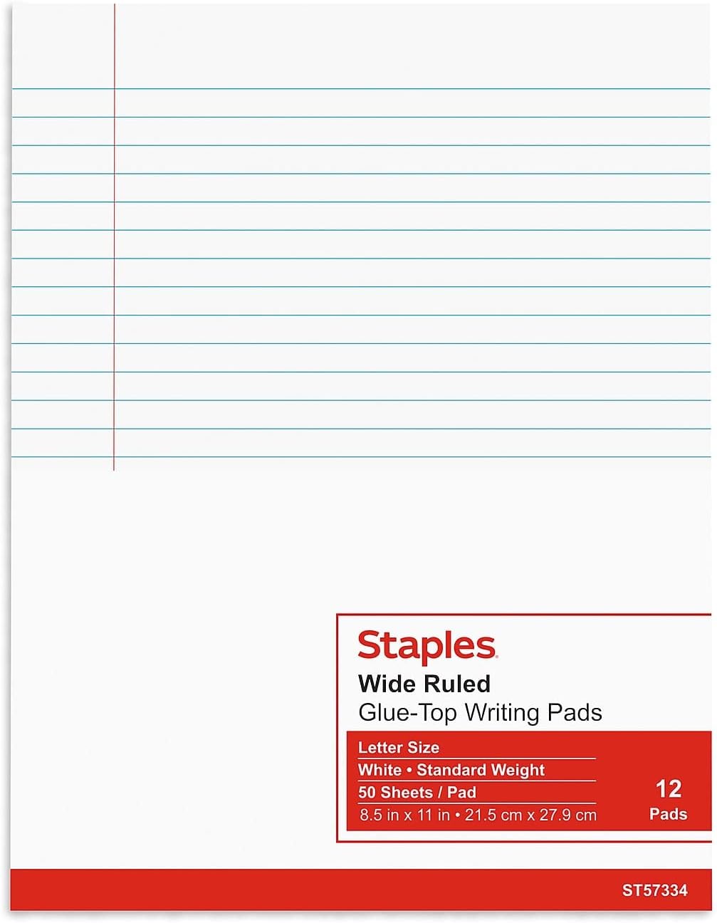 STAPLES Notepads, 8.5” x 11”, Wide Ruled, White, 50 Sheets/Pad, 12‑Pack