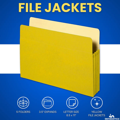 1InTheOffice File Jackets, File Jackets Letter Size, File Pocket, Expandable, 3.5" Expansion, Letter Size, Reinforced Straight Cut Tab, Gusset, Yellow, 5 Pack
